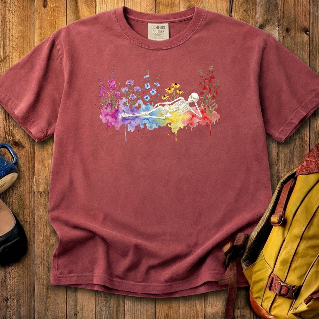 Halloween Skeleton Watercolor Wildflowers Cotton T-Shirt
