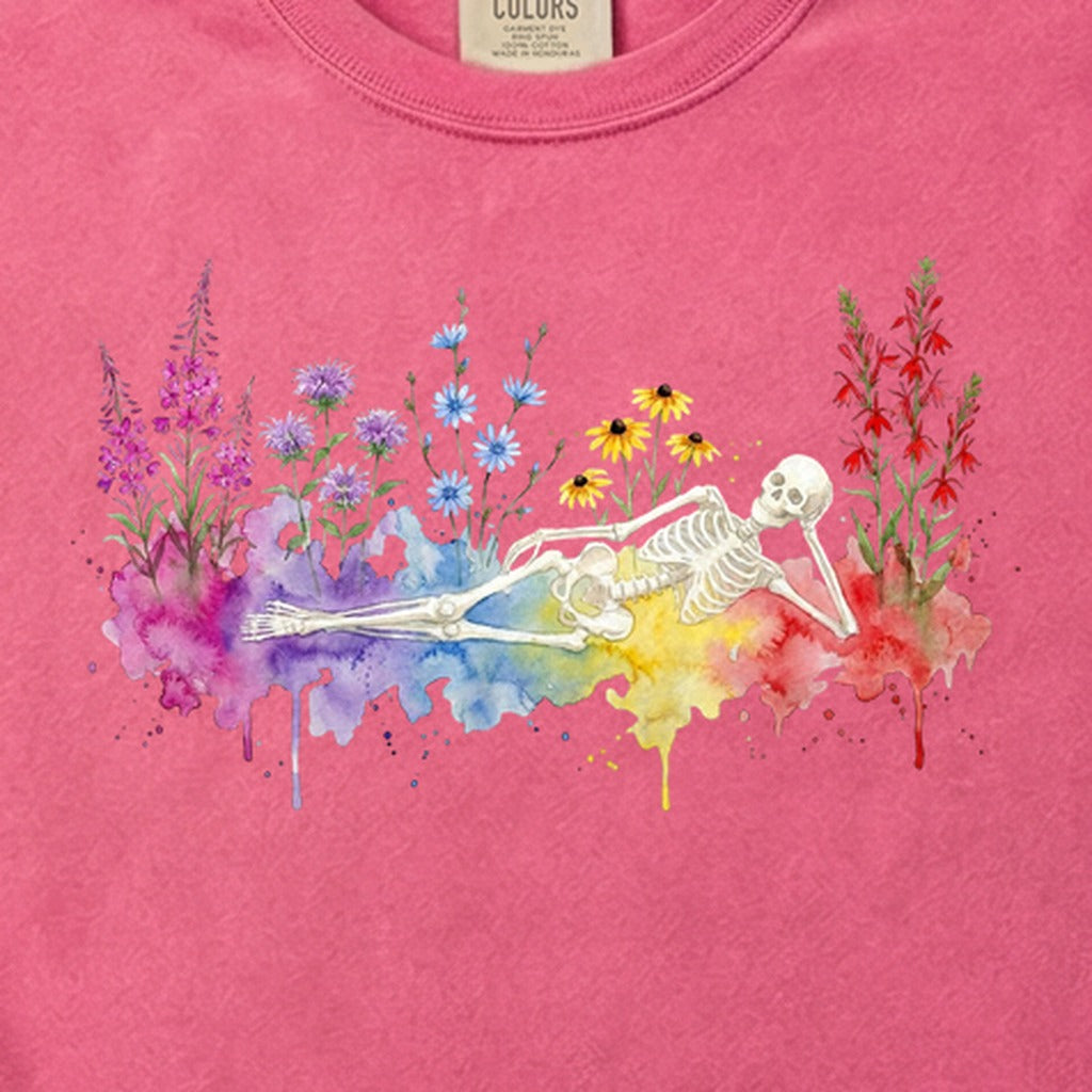 Halloween Skeleton Watercolor Wildflowers Cotton T-Shirt
