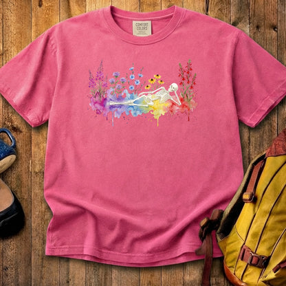 Halloween Skeleton Watercolor Wildflowers Cotton T-Shirt