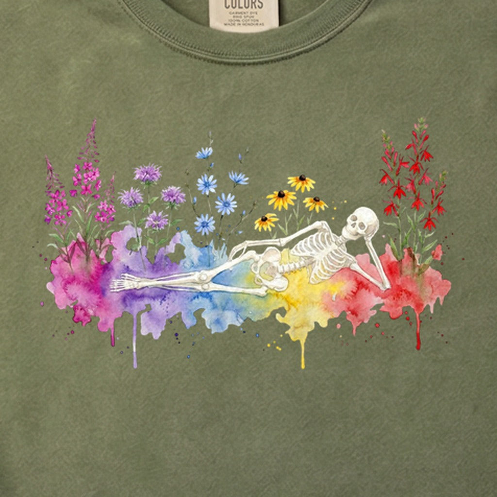 Halloween Skeleton Watercolor Wildflowers Cotton T-Shirt
