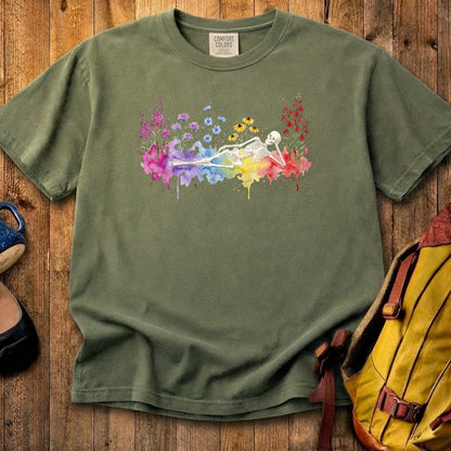 Halloween Skeleton Watercolor Wildflowers Cotton T-Shirt