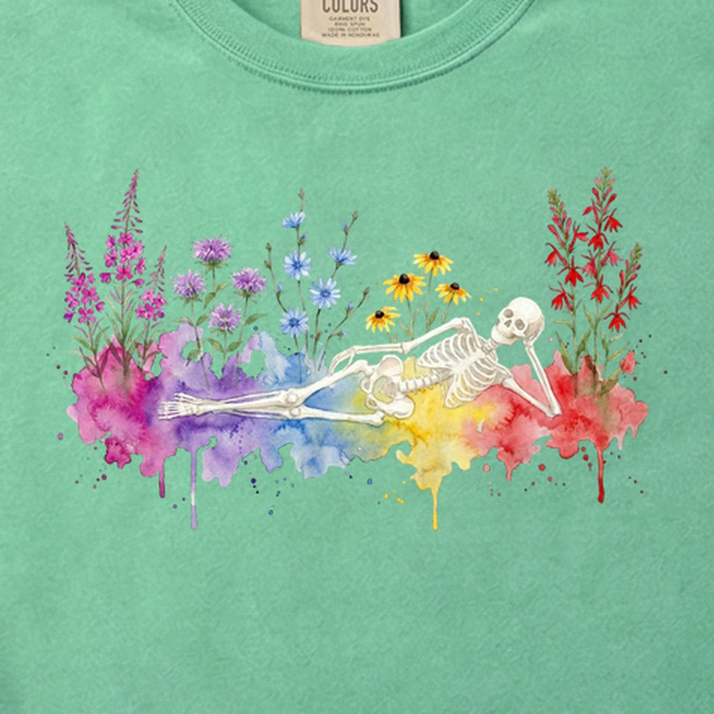 Halloween Skeleton Watercolor Wildflowers Cotton T-Shirt