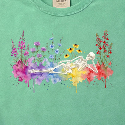 Halloween Skeleton Watercolor Wildflowers Cotton T-Shirt