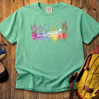 Halloween Skeleton Watercolor Wildflowers Cotton T-Shirt