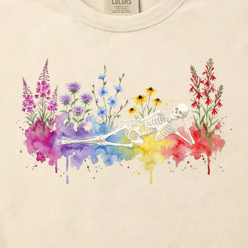 Halloween Skeleton Watercolor Wildflowers Cotton T-Shirt