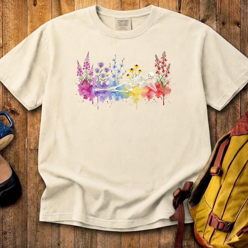 Halloween Skeleton Watercolor Wildflowers Cotton T-Shirt