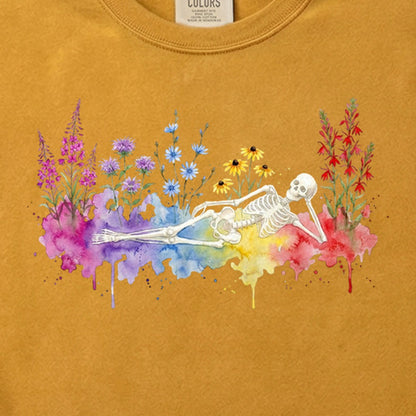 Halloween Skeleton Watercolor Wildflowers Cotton T-Shirt