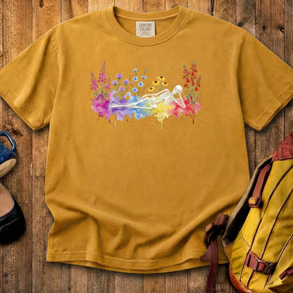 Halloween Skeleton Watercolor Wildflowers Cotton T-Shirt