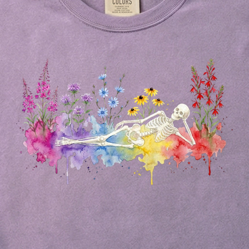 Halloween Skeleton Watercolor Wildflowers Cotton T-Shirt