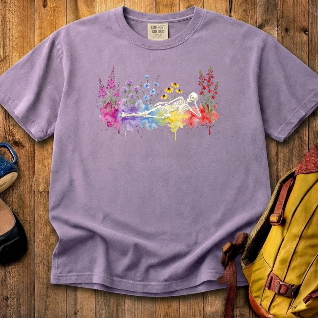 Halloween Skeleton Watercolor Wildflowers Cotton T-Shirt