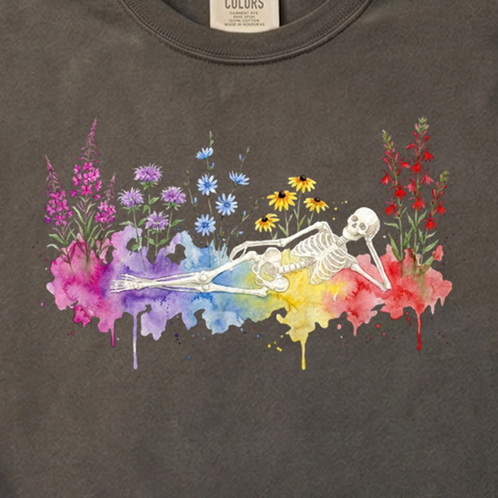 Halloween Skeleton Watercolor Wildflowers Cotton T-Shirt