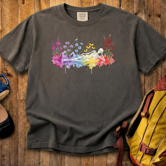 Halloween Skeleton Watercolor Wildflowers Cotton T-Shirt