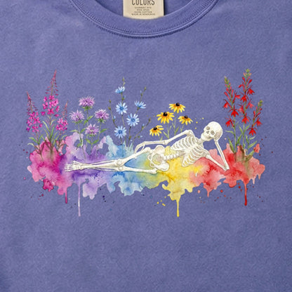 Halloween Skeleton Watercolor Wildflowers Cotton T-Shirt