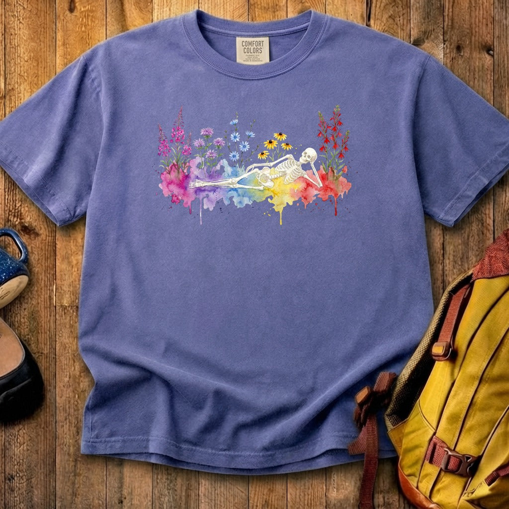 Halloween Skeleton Watercolor Wildflowers Cotton T-Shirt