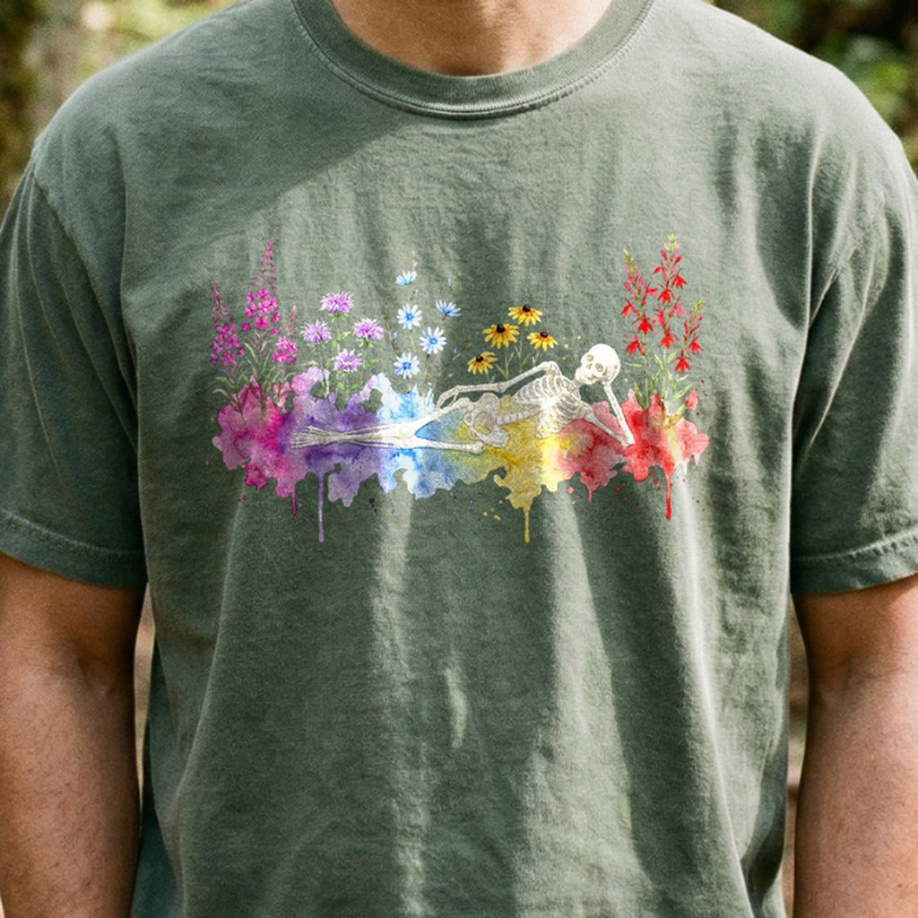 Halloween Skeleton Watercolor Wildflowers Cotton T-Shirt
