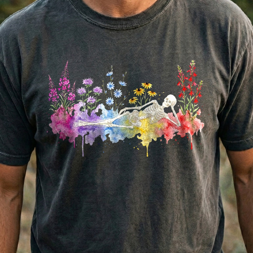 Halloween Skeleton Watercolor Wildflowers Cotton T-Shirt