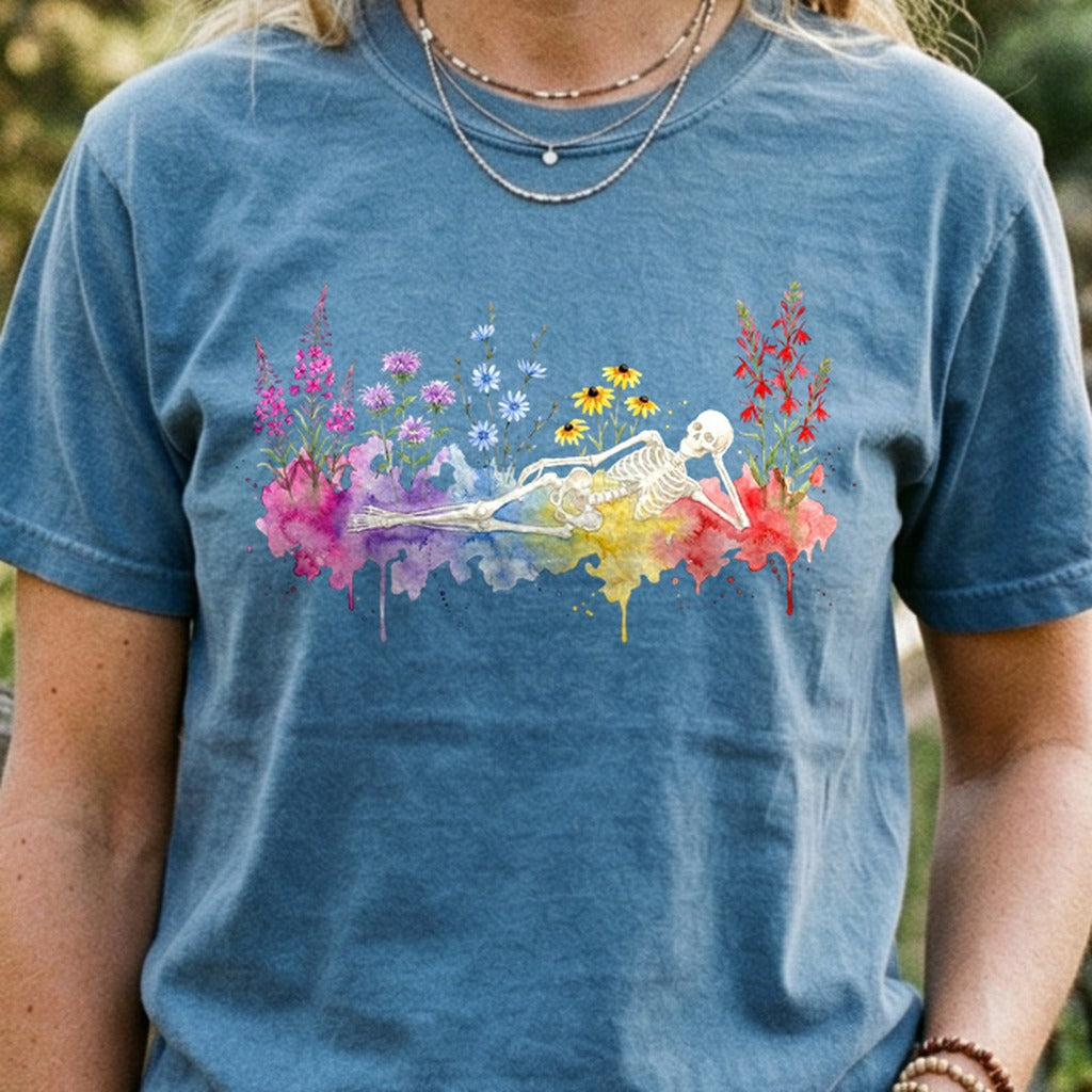 Halloween Skeleton Watercolor Wildflowers Cotton T-Shirt