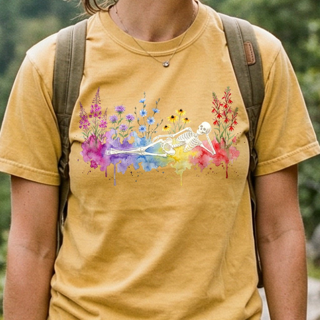 Halloween Skeleton Watercolor Wildflowers Cotton T-Shirt
