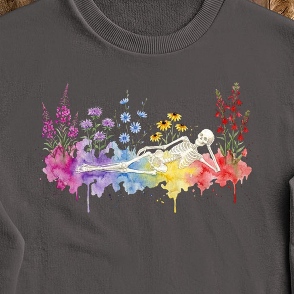 Halloween Skeleton Watercolor Wildflowers Crewneck Sweatshirt
