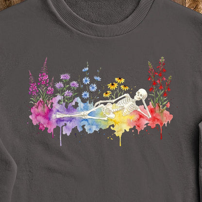 Halloween Skeleton Watercolor Wildflowers Crewneck Sweatshirt