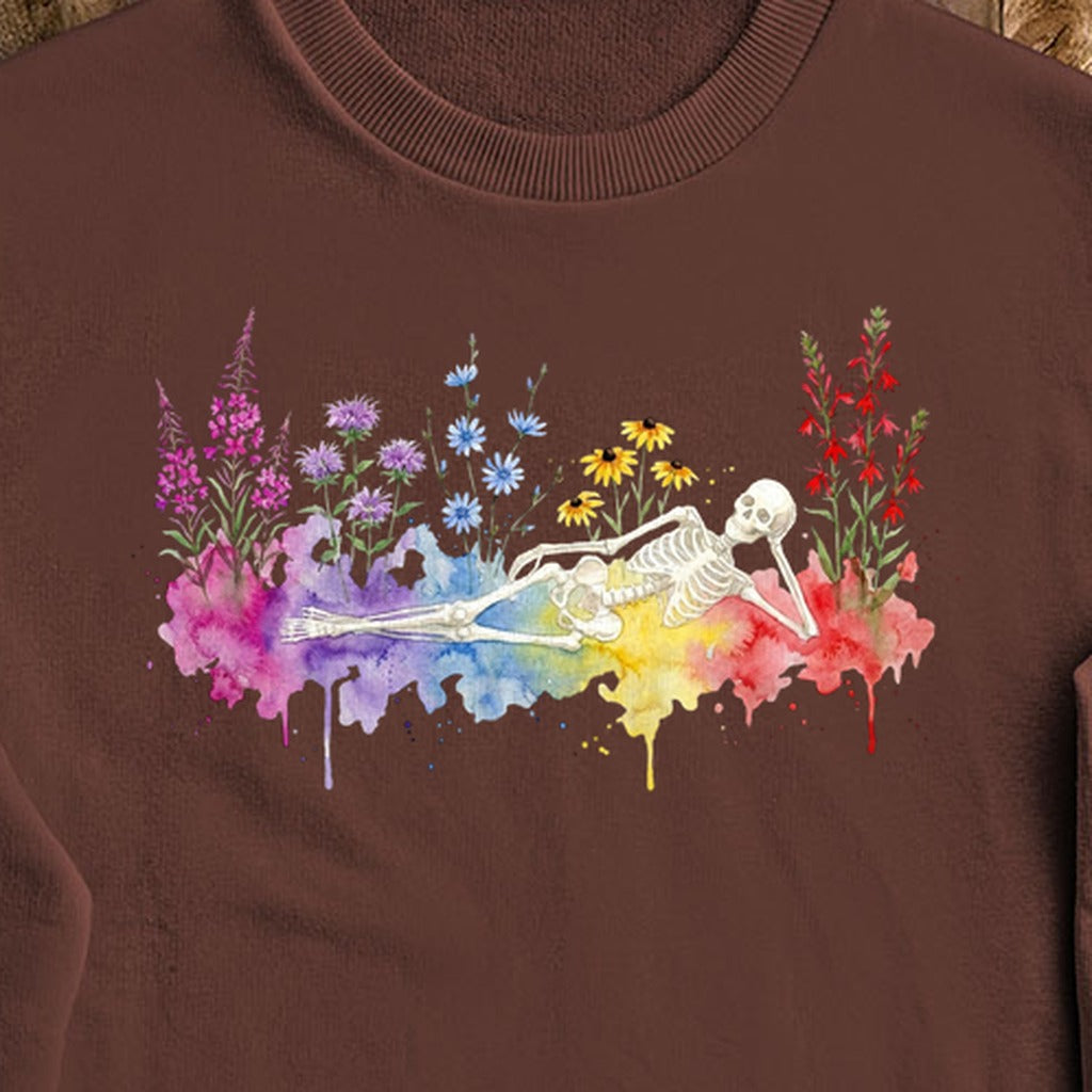 Halloween Skeleton Watercolor Wildflowers Crewneck Sweatshirt