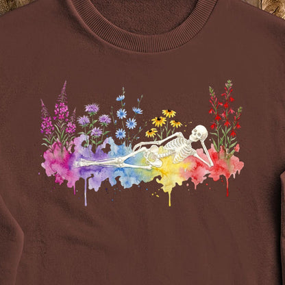 Halloween Skeleton Watercolor Wildflowers Crewneck Sweatshirt