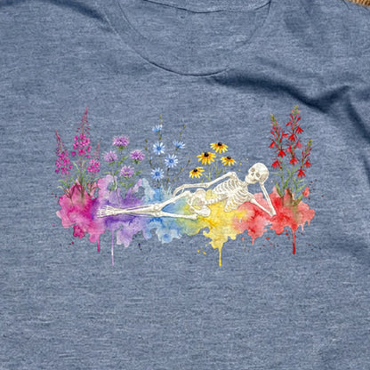 Halloween Skeleton Watercolor Wildflowers T-Shirt