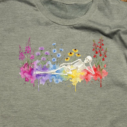 Halloween Skeleton Watercolor Wildflowers T-Shirt