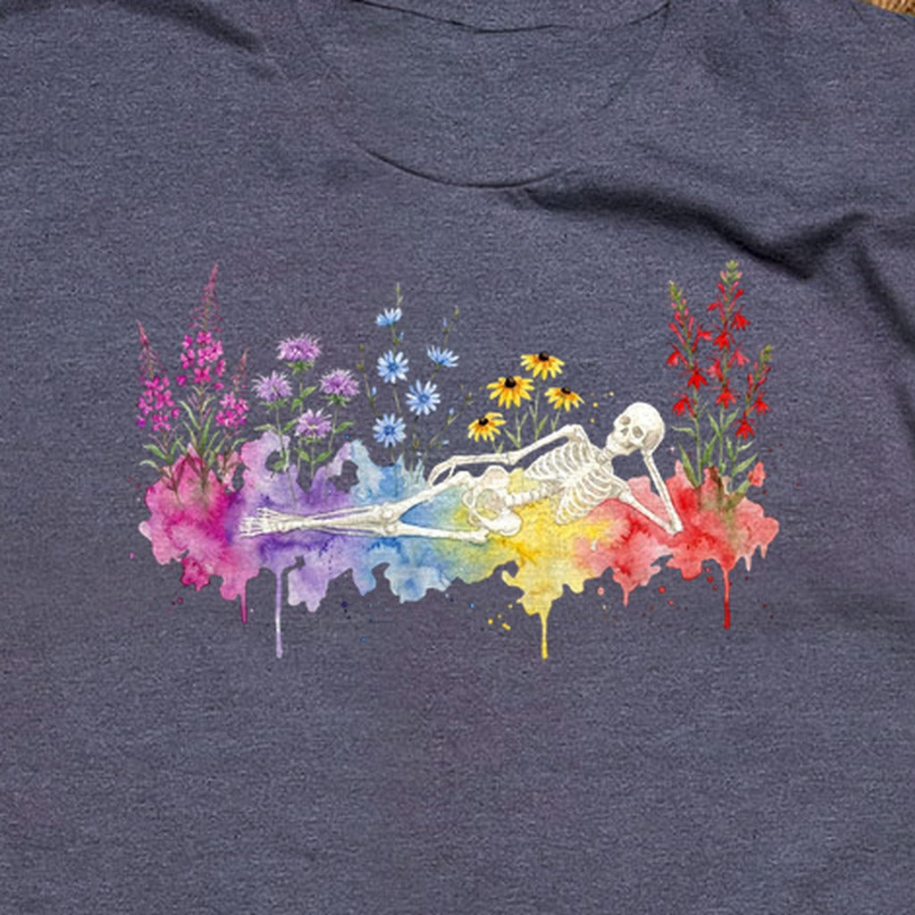 Halloween Skeleton Watercolor Wildflowers T-Shirt
