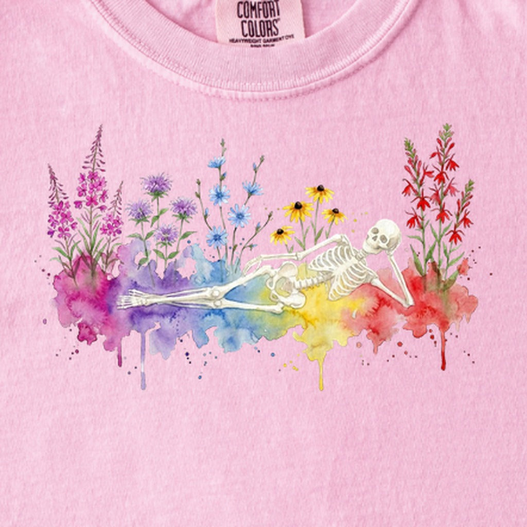 Halloween Skeleton Watercolor Wildflowers Kids Cotton T-Shirt