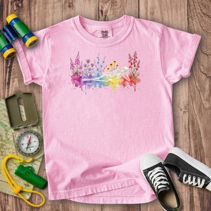 Halloween Skeleton Watercolor Wildflowers Kids Cotton T-Shirt