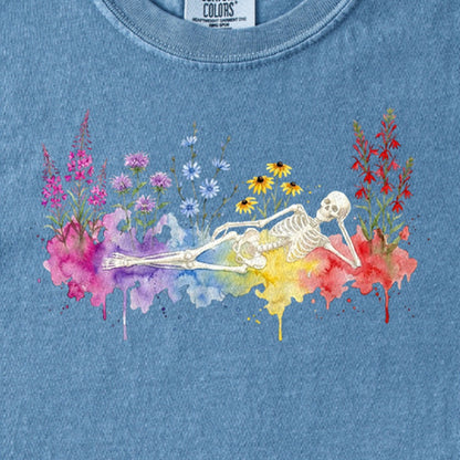 Halloween Skeleton Watercolor Wildflowers Kids Cotton T-Shirt