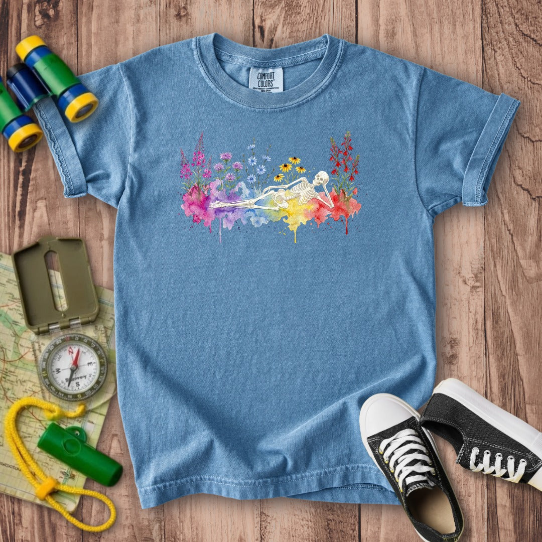 Halloween Skeleton Watercolor Wildflowers Kids Cotton T-Shirt