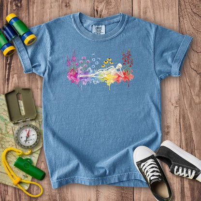 Halloween Skeleton Watercolor Wildflowers Kids Cotton T-Shirt