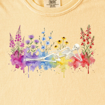 Halloween Skeleton Watercolor Wildflowers Kids Cotton T-Shirt