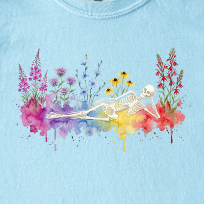 Halloween Skeleton Watercolor Wildflowers Kids Cotton T-Shirt