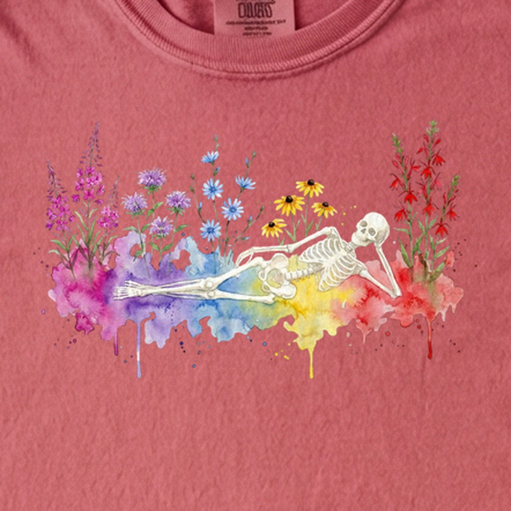 Halloween Skeleton Watercolor Wildflowers Kids Cotton T-Shirt