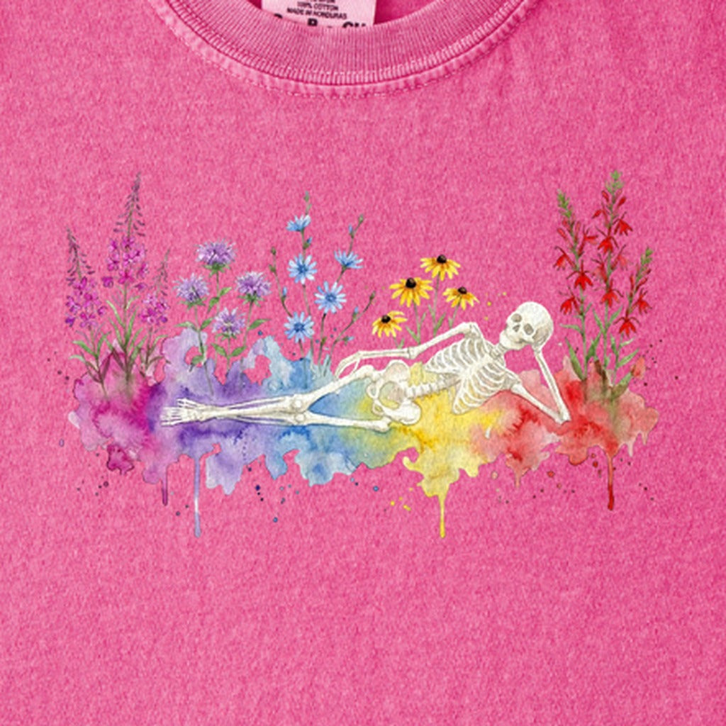 Halloween Skeleton Watercolor Wildflowers Kids Cotton T-Shirt