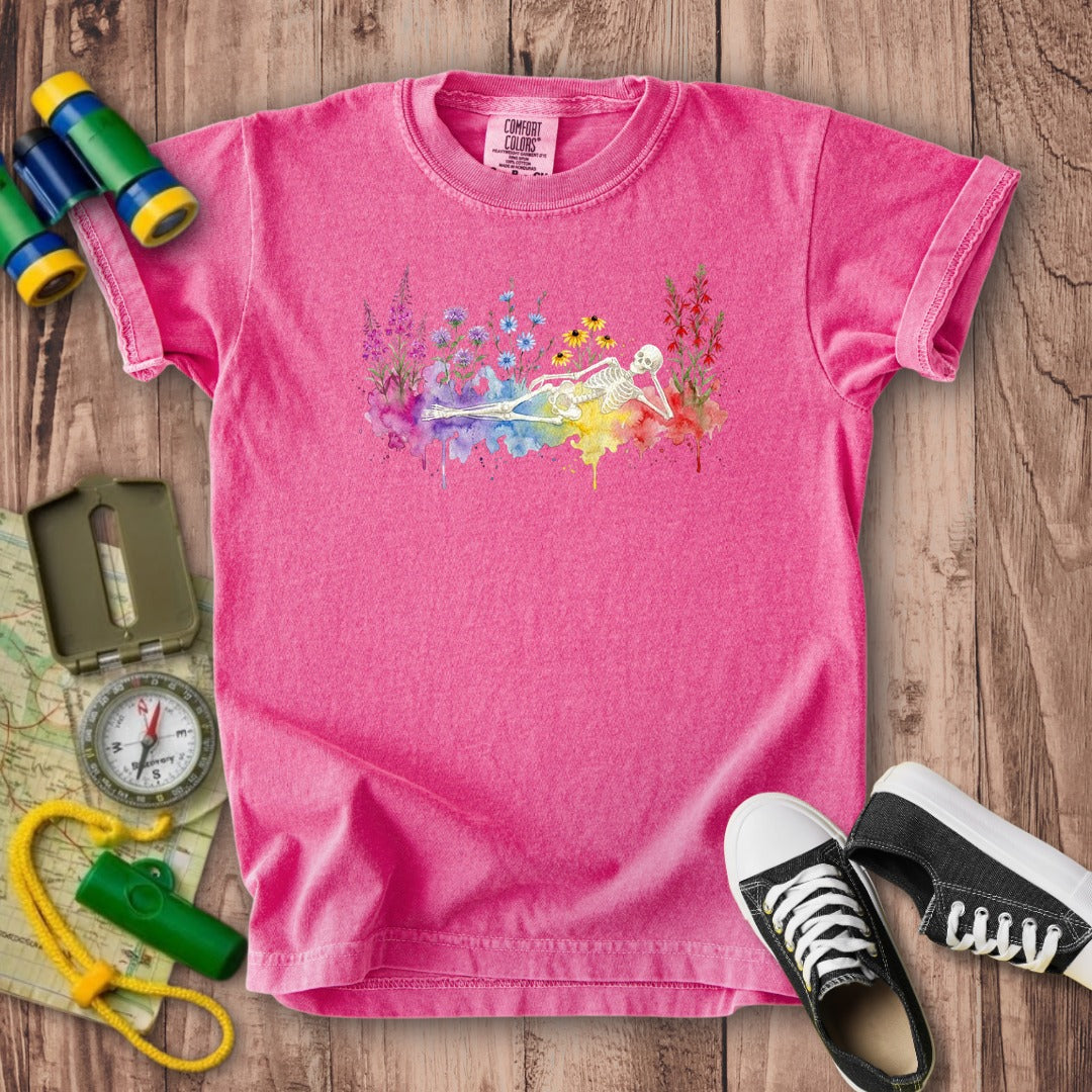 Halloween Skeleton Watercolor Wildflowers Kids Cotton T-Shirt