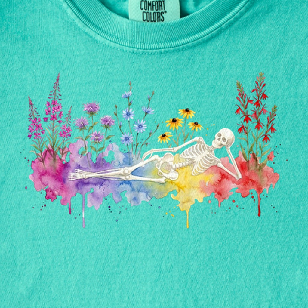 Halloween Skeleton Watercolor Wildflowers Kids Cotton T-Shirt