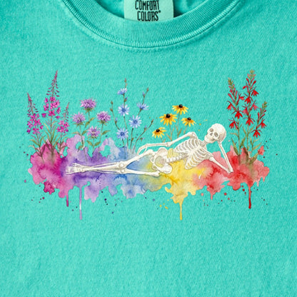 Halloween Skeleton Watercolor Wildflowers Kids Cotton T-Shirt