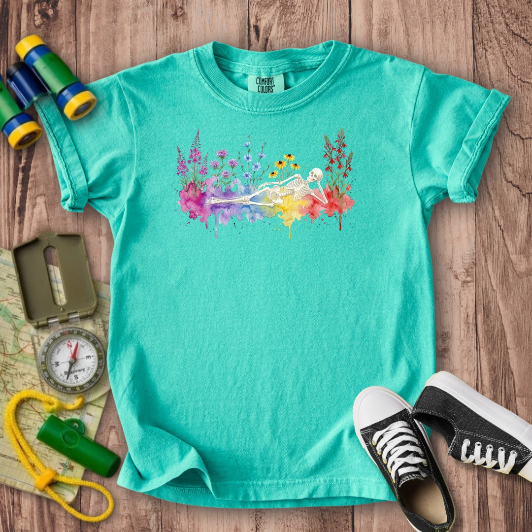 Halloween Skeleton Watercolor Wildflowers Kids Cotton T-Shirt