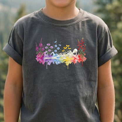 Halloween Skeleton Watercolor Wildflowers Kids Cotton T-Shirt