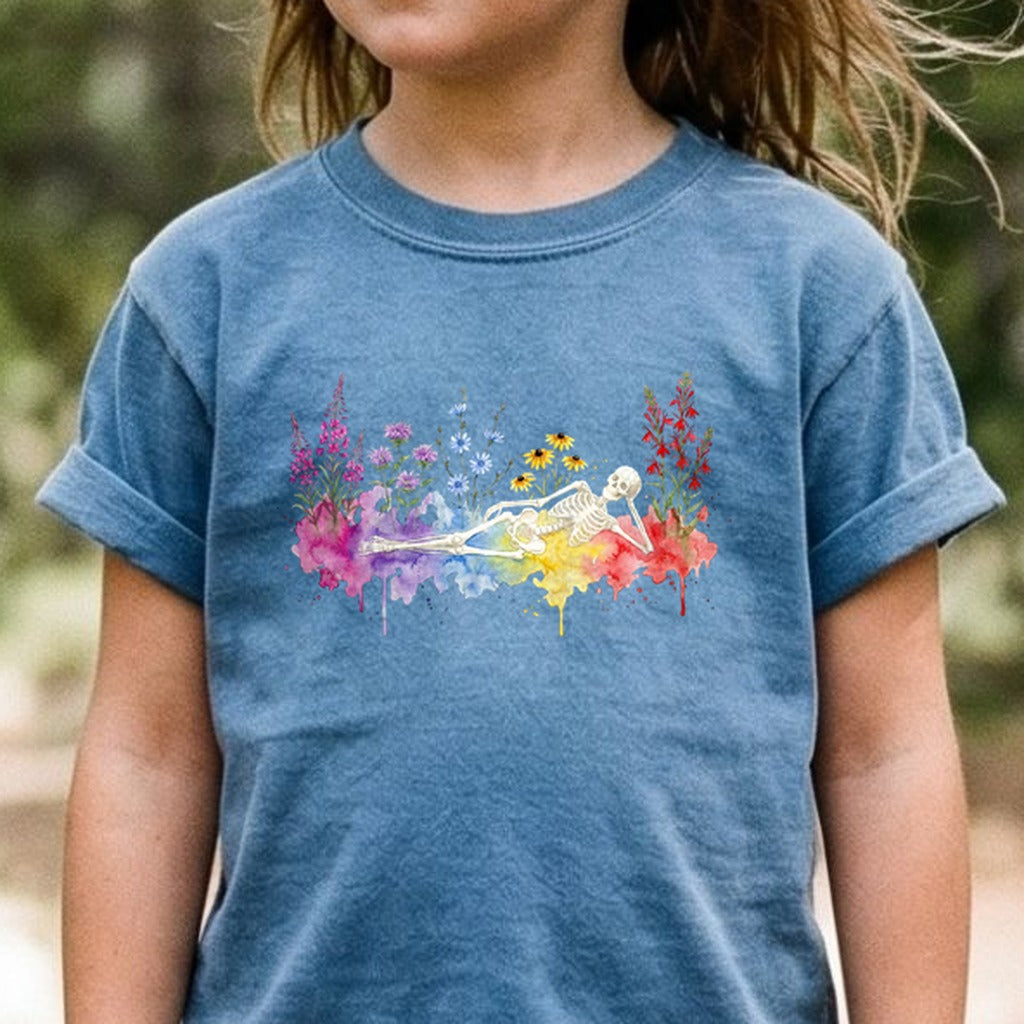 Halloween Skeleton Watercolor Wildflowers Kids Cotton T-Shirt