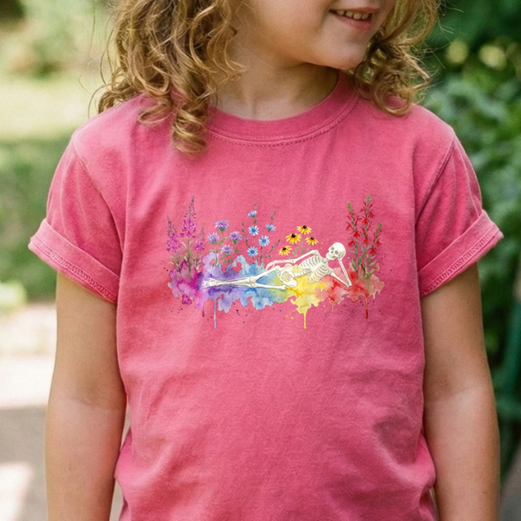 Halloween Skeleton Watercolor Wildflowers Kids Cotton T-Shirt