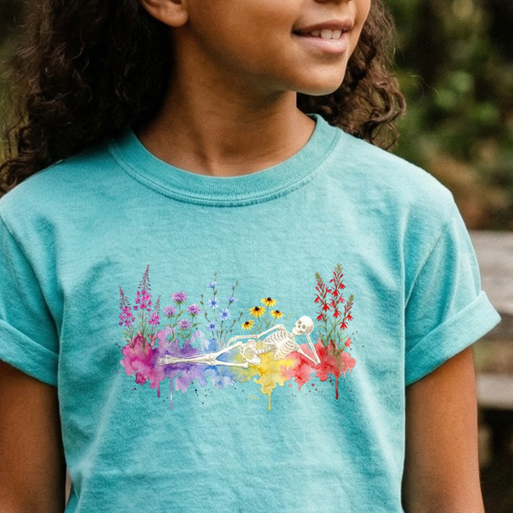 Halloween Skeleton Watercolor Wildflowers Kids Cotton T-Shirt