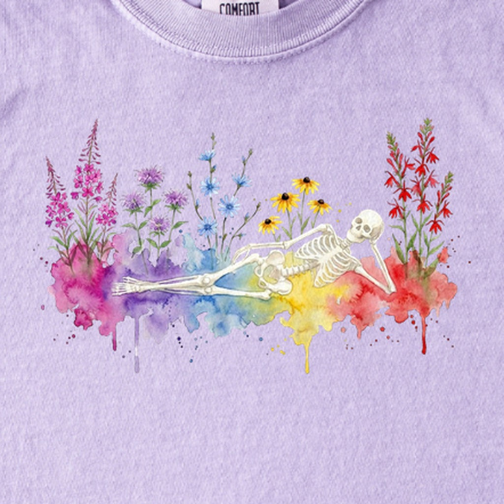 Halloween Skeleton Watercolor Wildflowers Kids Cotton T-Shirt