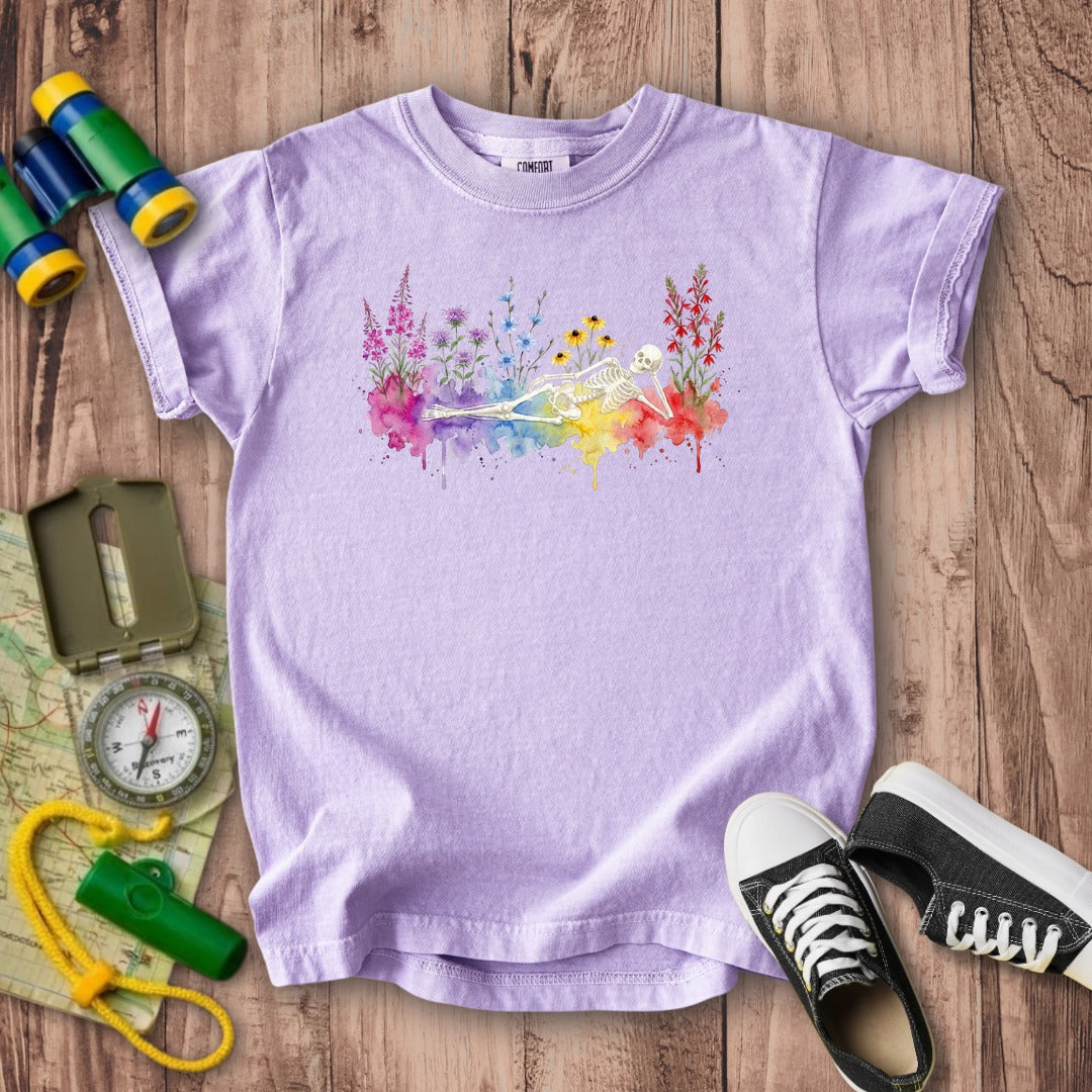 Halloween Skeleton Watercolor Wildflowers Kids Cotton T-Shirt