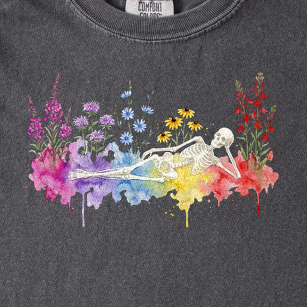 Halloween Skeleton Watercolor Wildflowers Kids Cotton T-Shirt
