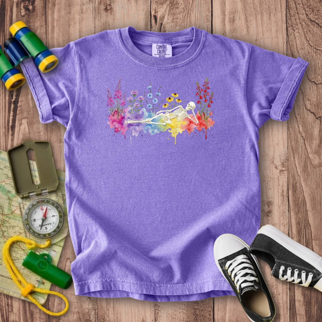Halloween Skeleton Watercolor Wildflowers Kids Cotton T-Shirt